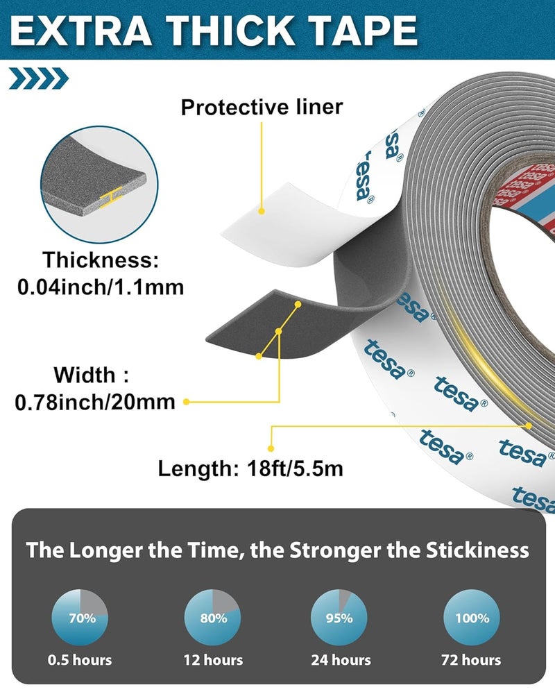 EMITEVER Tesa Double Sided Tape Heavy Duty 0.78in x 18ft 6703, Adhesive Mounting Tape Waterproof, Strong Foam Tape for Walls, Extreme Temp Resistant No Residue Removal Two Sided Tape for Auto, Home, Office - Image 2